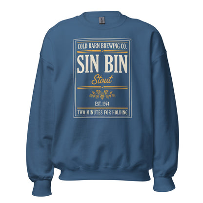 Beer League Sin Bin Stout brewery label crewneck sweatshirt — Indigo Blue, front