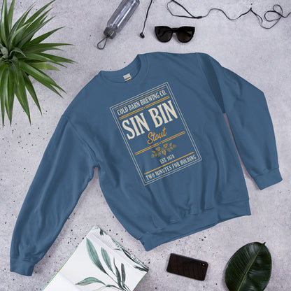 Beer League Sin Bin Stout brewery label crewneck sweatshirt — Indigo Blue, front-right