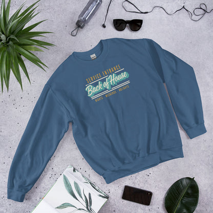 Back of House line cook retro diner service sign crewneck sweatshirt — Indigo Blue, flat lay