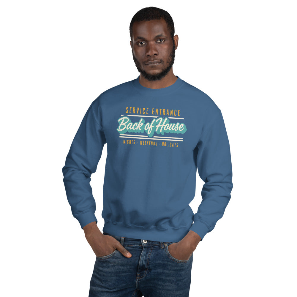 Back of House line cook retro diner service sign crewneck sweatshirt — Indigo Blue, on model