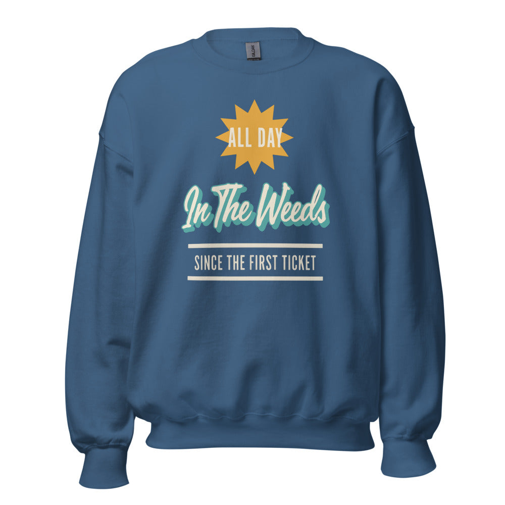 In The Weeds line cook retro diner service sign crewneck sweatshirt — Indigo Blue, front