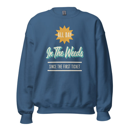 In The Weeds line cook retro diner service sign crewneck sweatshirt — Indigo Blue, front
