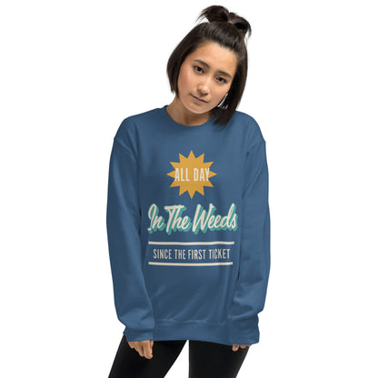 In The Weeds line cook retro diner service sign crewneck sweatshirt — Indigo Blue, on model