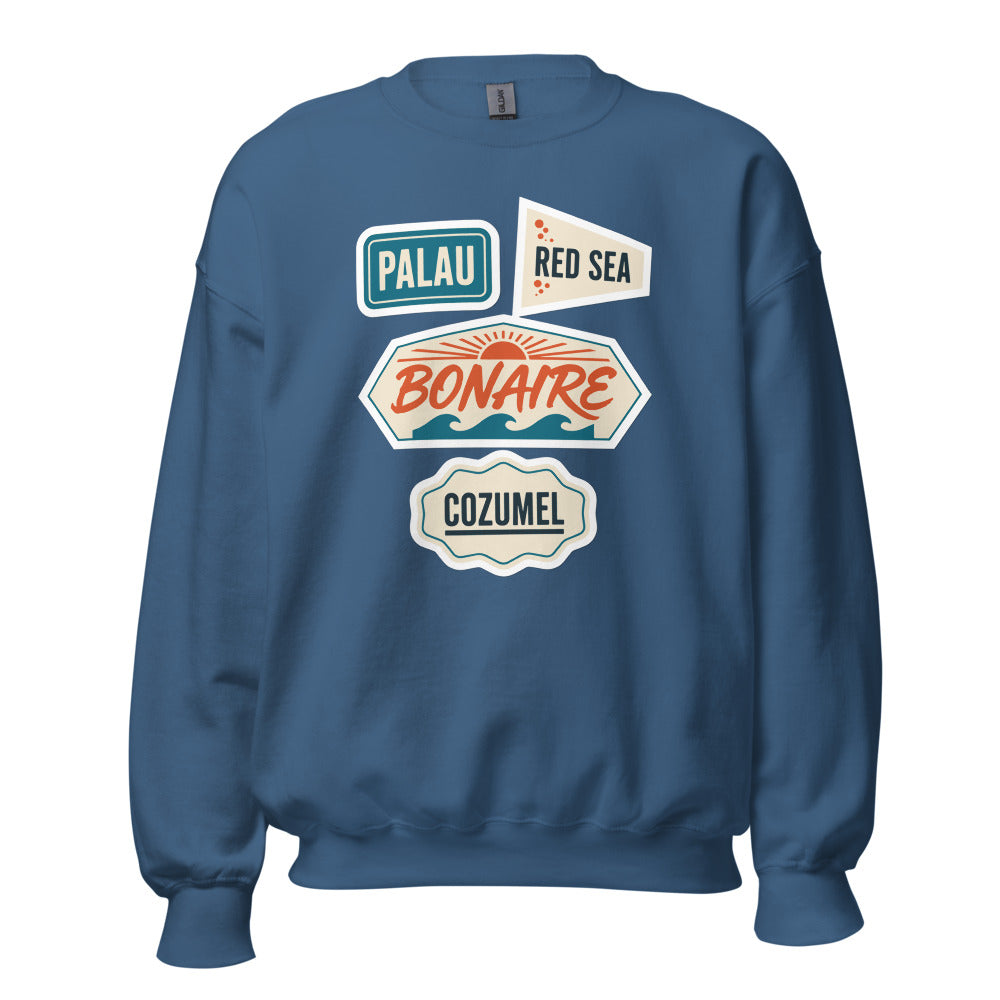 Vintage scuba diving dive sites travel decal sweatshirt — Indigo Blue, front