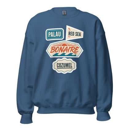 Vintage scuba diving dive sites travel decal sweatshirt — Indigo Blue, front