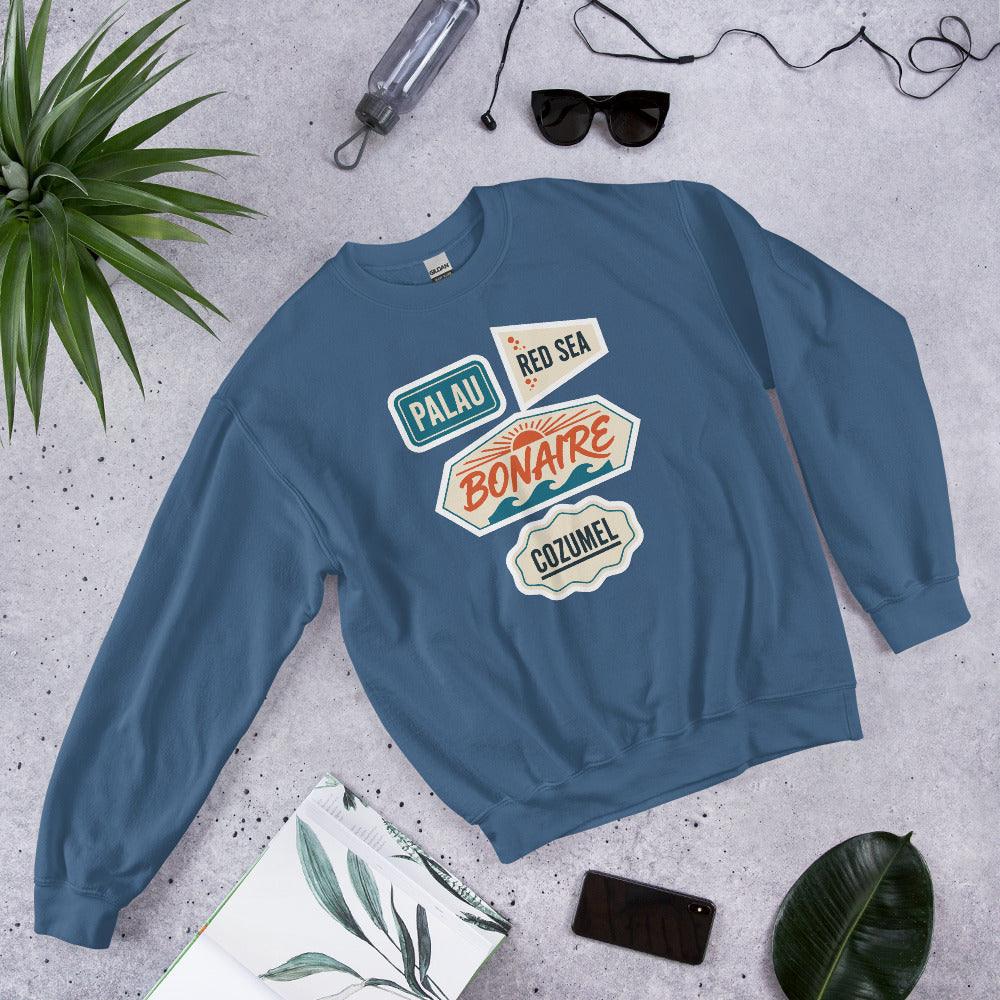 Vintage scuba diving dive sites travel decal sweatshirt — Indigo Blue, flat lay
