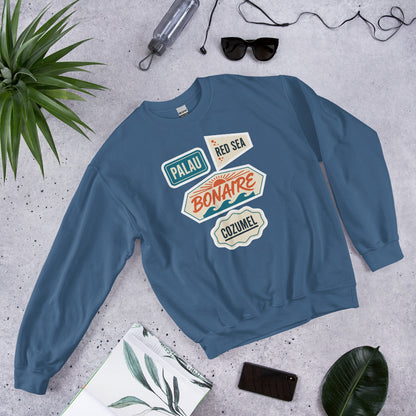 Vintage scuba diving dive sites travel decal sweatshirt — Indigo Blue, flat lay