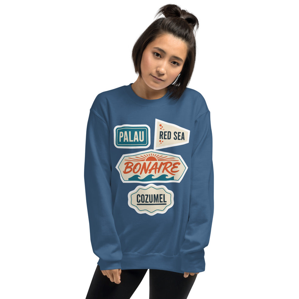 Vintage scuba diving dive sites travel decal sweatshirt — Indigo Blue, on model