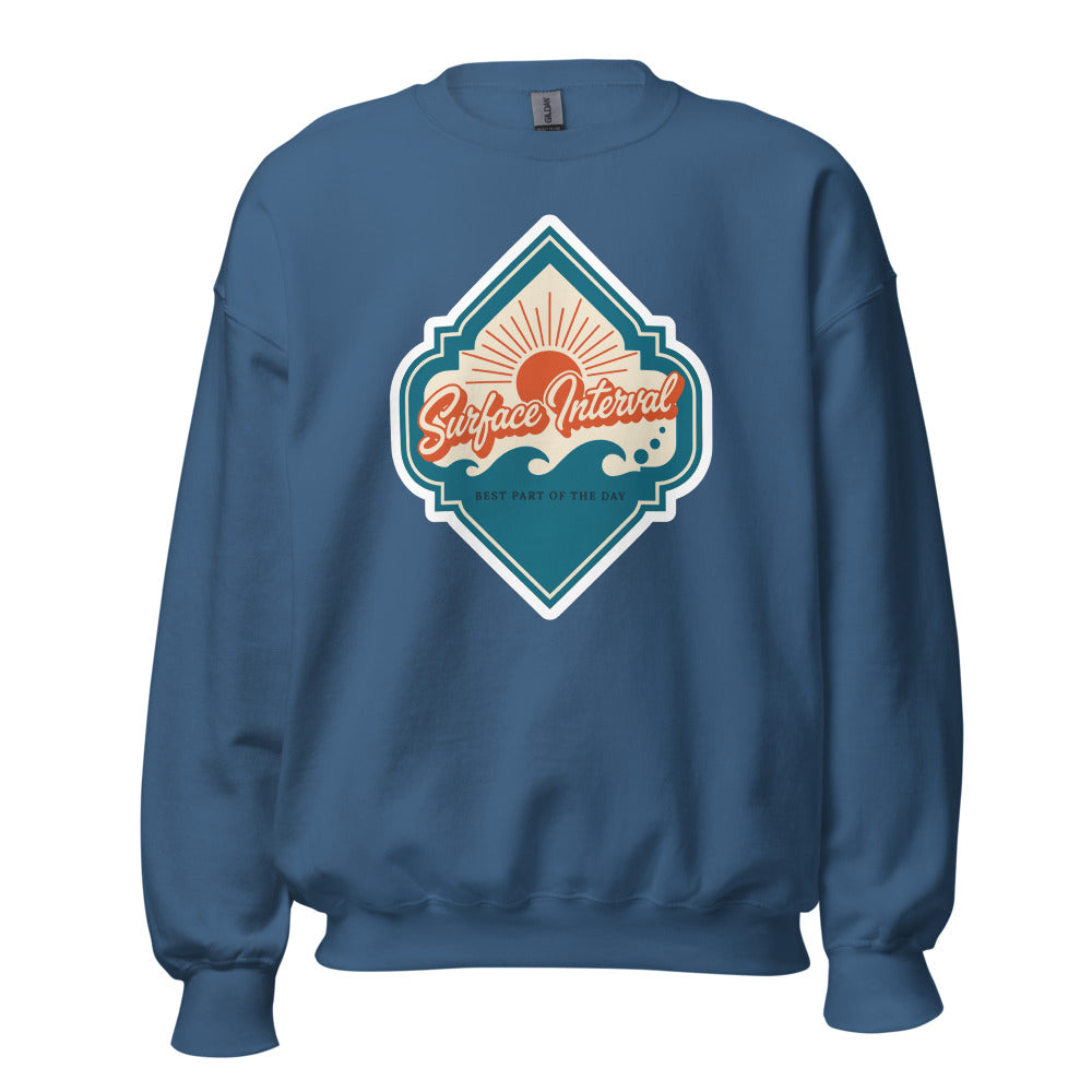 Surface Interval vintage scuba diving travel decal sweatshirt — Indigo Blue, front