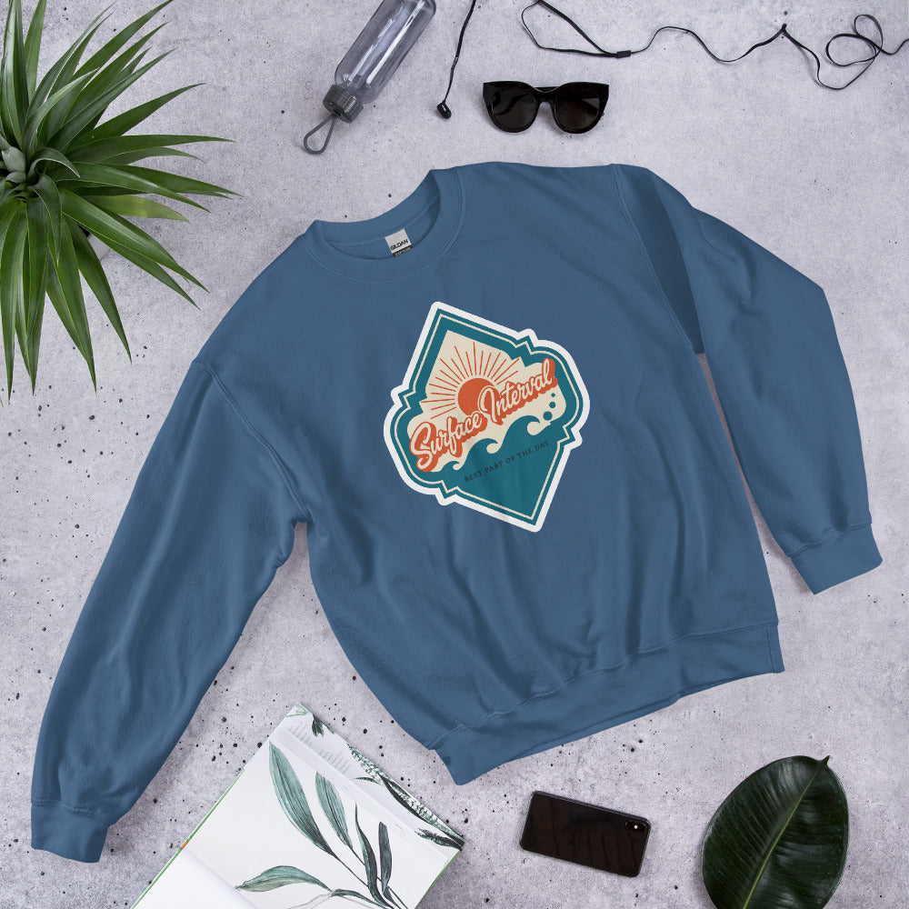 Surface Interval vintage scuba diving travel decal sweatshirt — Indigo Blue, flat lay