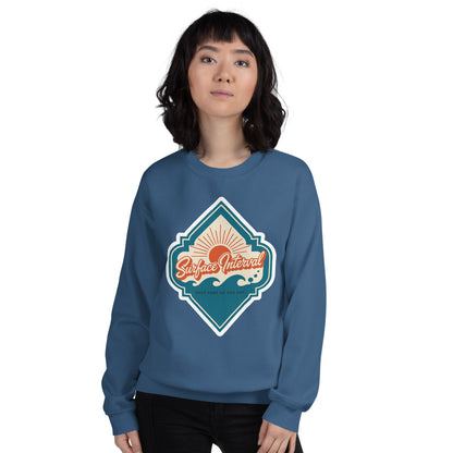 Surface Interval vintage scuba diving travel decal sweatshirt — Indigo Blue, on model