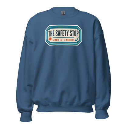 The Safety Stop vintage scuba diving travel decal sweatshirt — Indigo Blue, front