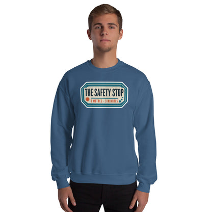 The Safety Stop vintage scuba diving travel decal sweatshirt — Indigo Blue, on model