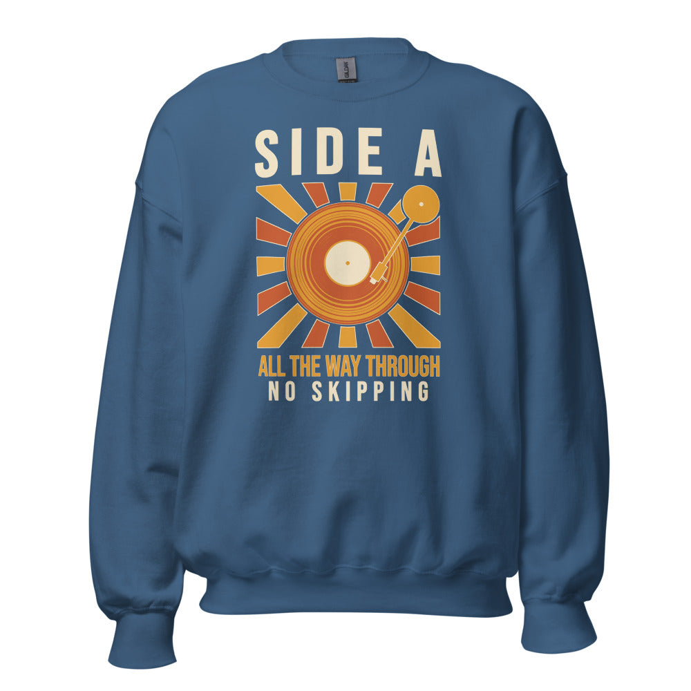 Side A No Skipping vinyl record crewneck sweatshirt — Indigo Blue, front