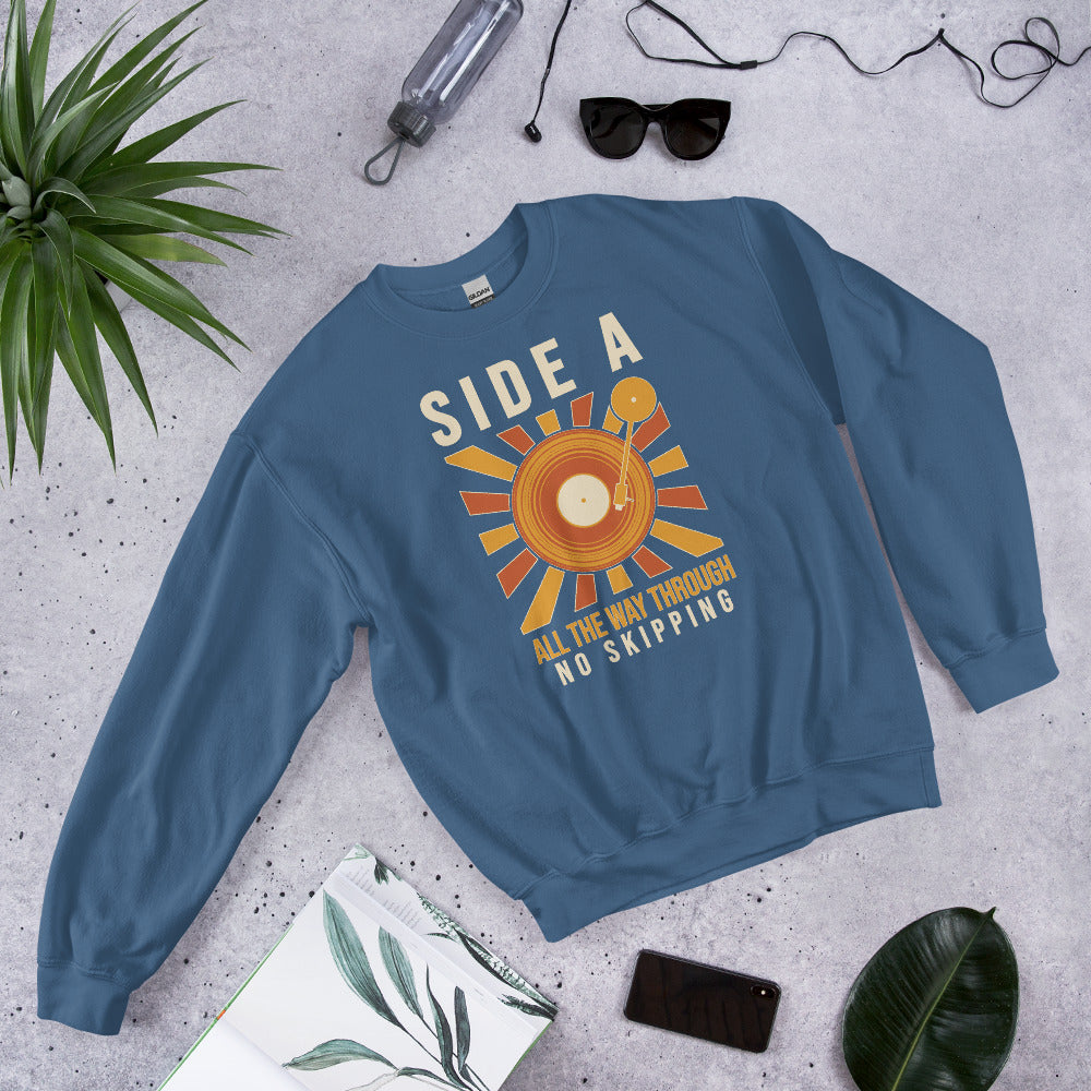 Side A No Skipping vinyl record crewneck sweatshirt — Indigo Blue, flat lay