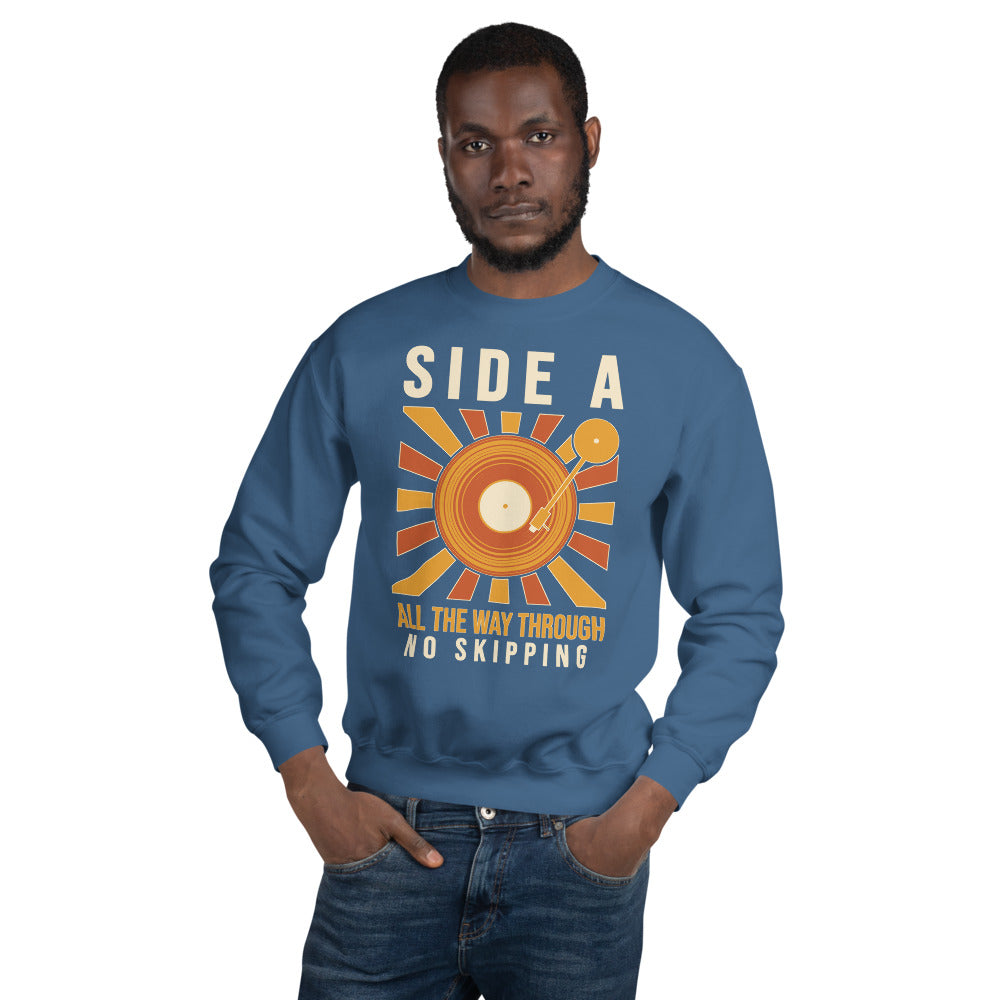 Side A No Skipping vinyl record crewneck sweatshirt — Indigo Blue, on model