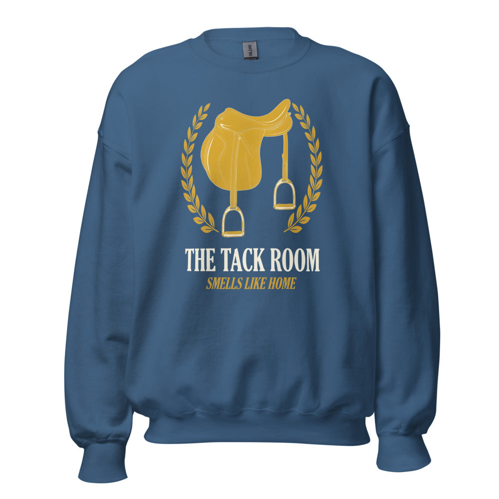 The Tack Room engraved equestrian saddle crest crewneck sweatshirt — Indigo Blue, front