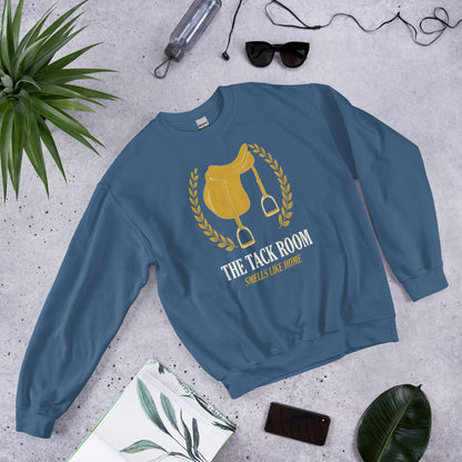 The Tack Room engraved equestrian saddle crest crewneck sweatshirt — Indigo Blue, flat lay