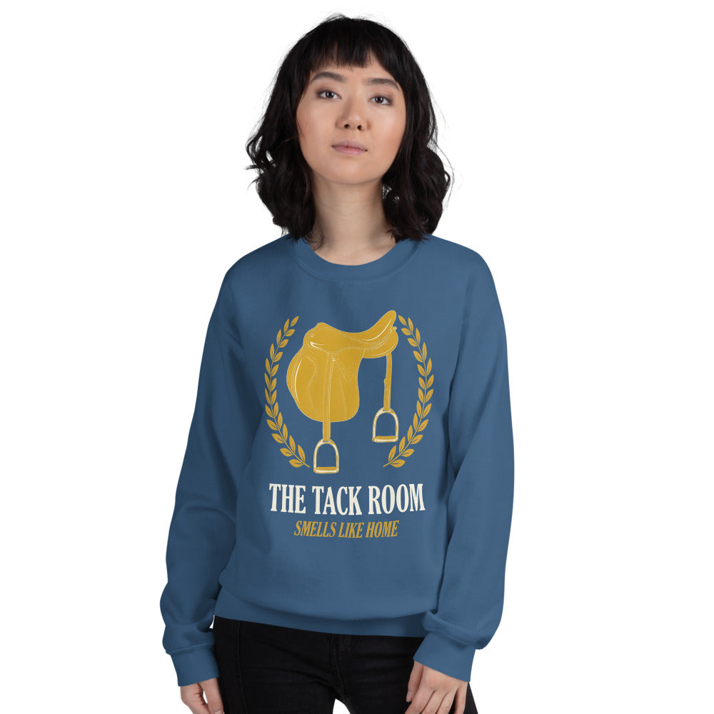 The Tack Room engraved equestrian saddle crest crewneck sweatshirt — Indigo Blue, on model