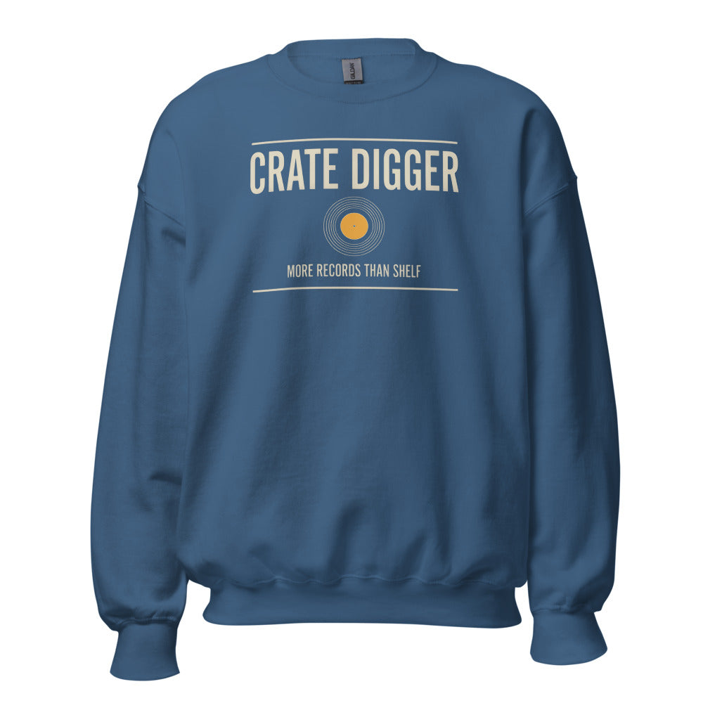 Crate Digger vinyl record crewneck sweatshirt — Indigo Blue, front