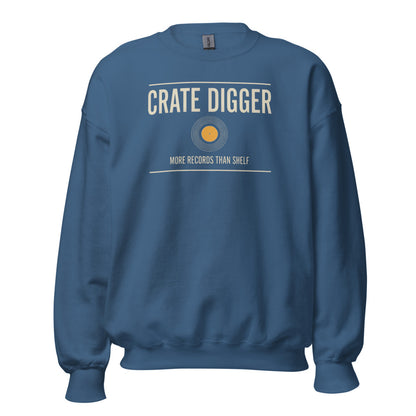 Crate Digger vinyl record crewneck sweatshirt — Indigo Blue, front
