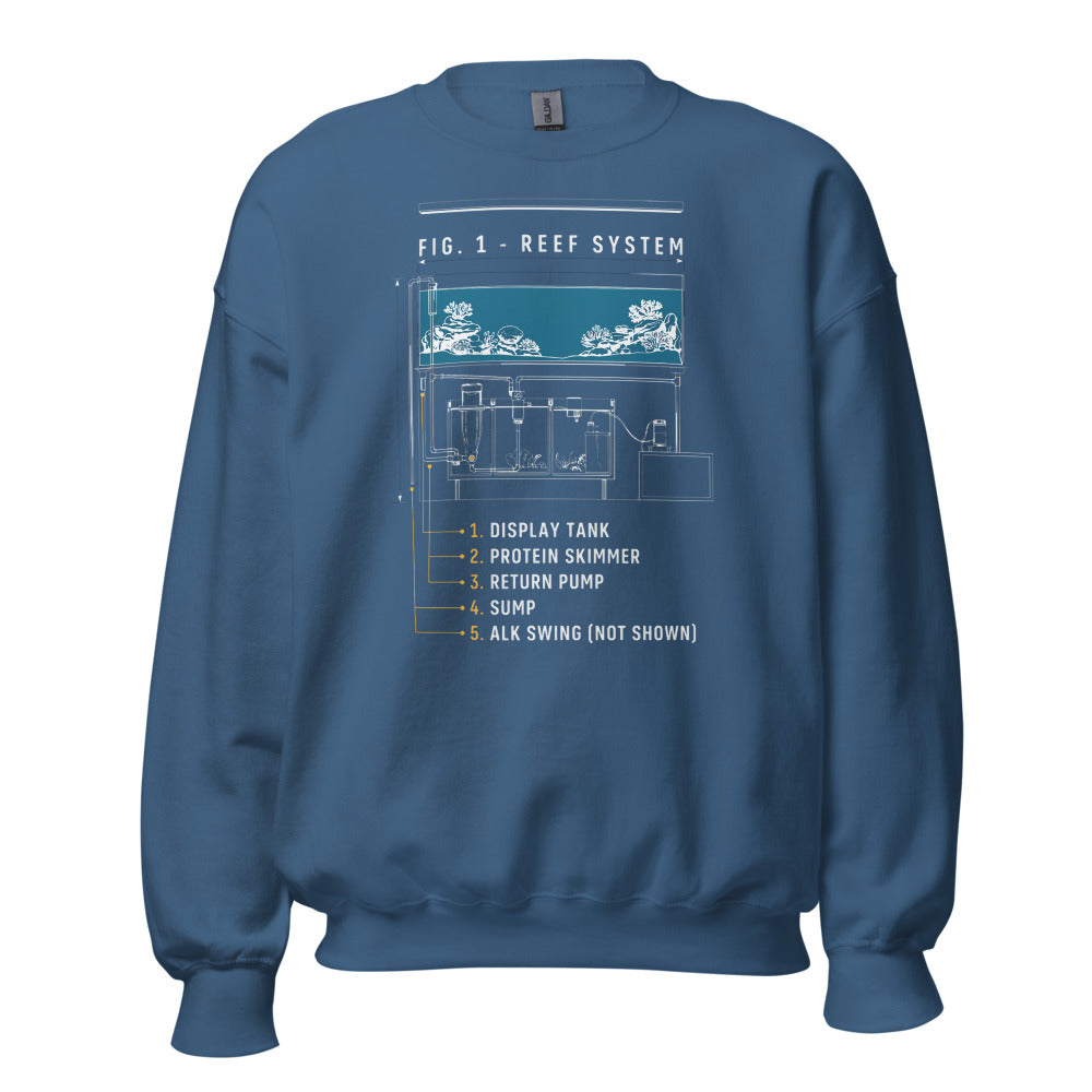 Reef System technical cutaway saltwater aquarium crewneck sweatshirt — Indigo Blue, front