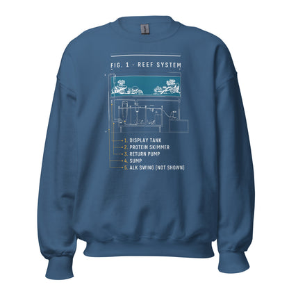 Reef System technical cutaway saltwater aquarium crewneck sweatshirt — Indigo Blue, front