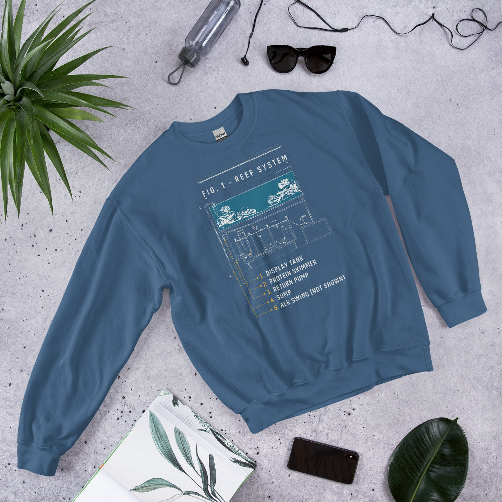 Reef System technical cutaway saltwater aquarium crewneck sweatshirt — Indigo Blue, flat lay