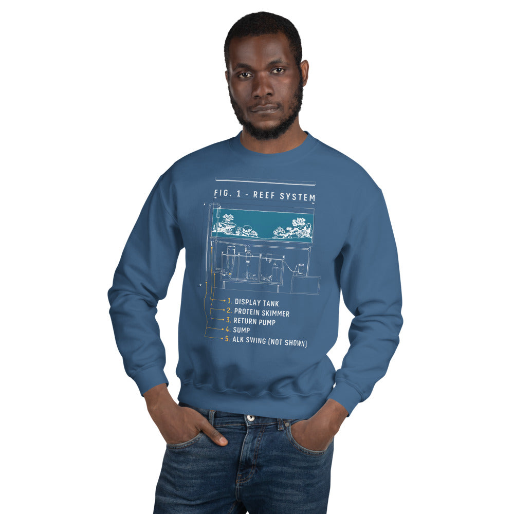Reef System technical cutaway saltwater aquarium crewneck sweatshirt — Indigo Blue, on model