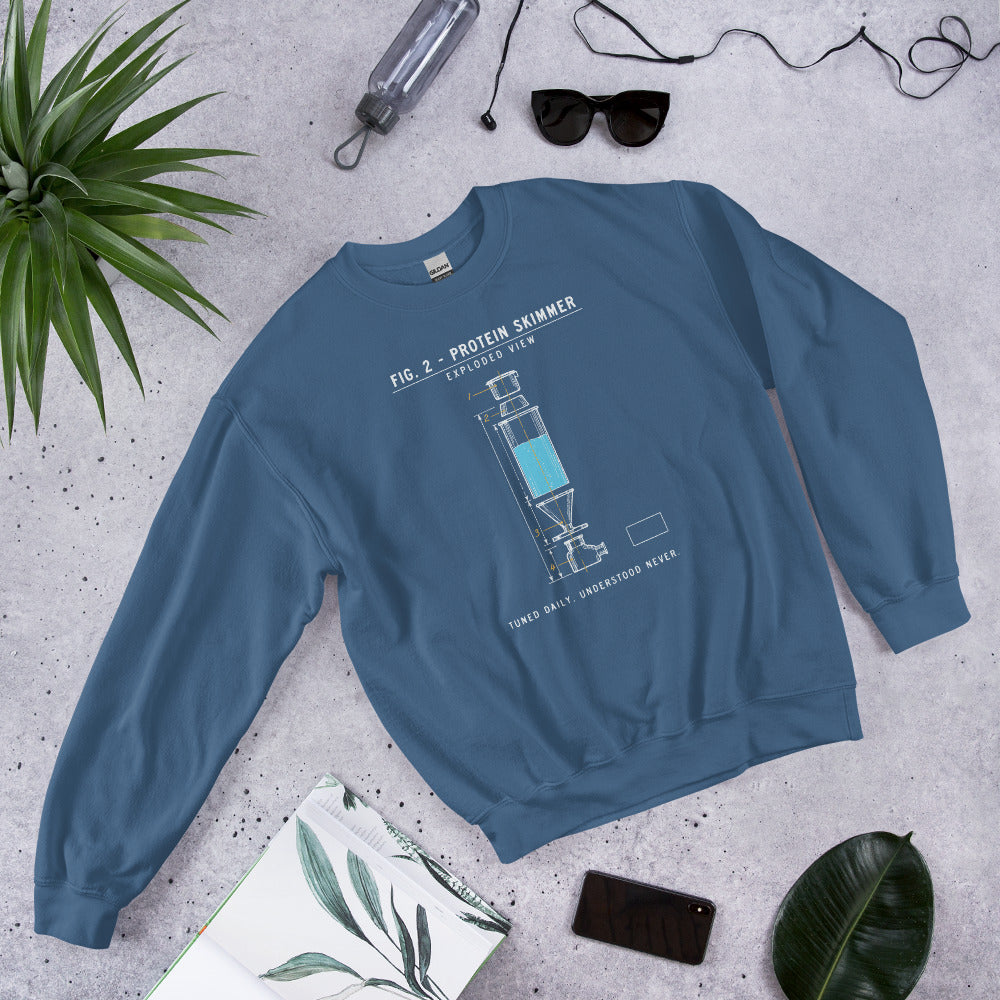 Protein Skimmer Exploded View reef tank saltwater aquarium crewneck sweatshirt — Indigo Blue, flat lay