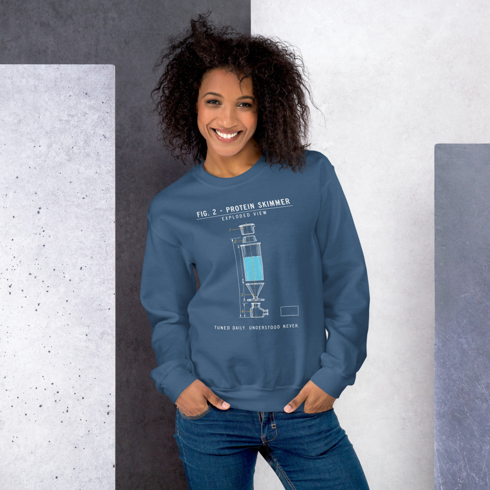 Protein Skimmer Exploded View reef tank saltwater aquarium crewneck sweatshirt — Indigo Blue, on model