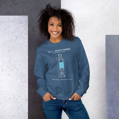 Protein Skimmer Exploded View reef tank saltwater aquarium crewneck sweatshirt — Indigo Blue, on model