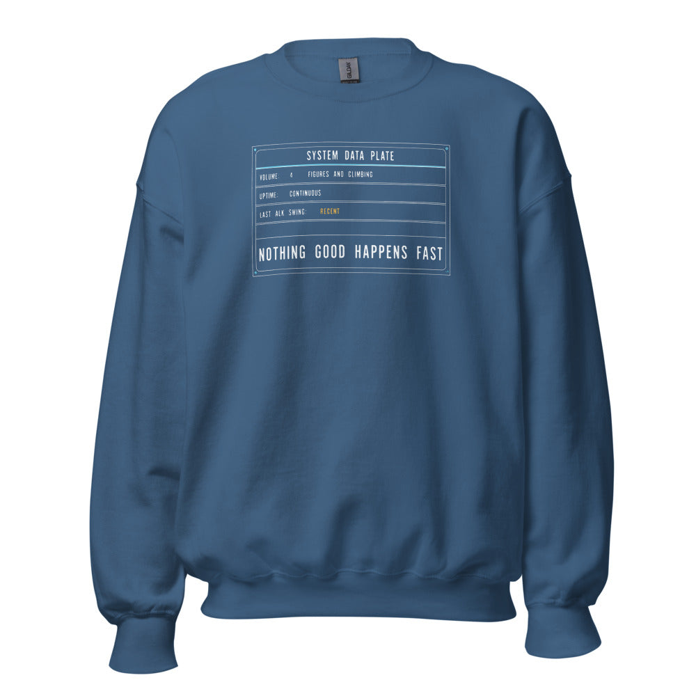 Nothing Good Happens Fast reef system data plate saltwater aquarium crewneck sweatshirt — Indigo Blue, front