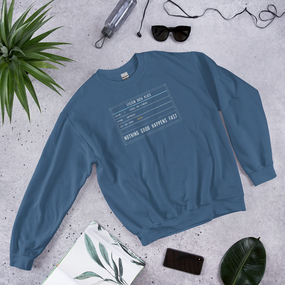 Nothing Good Happens Fast reef system data plate saltwater aquarium crewneck sweatshirt — Indigo Blue, flat lay