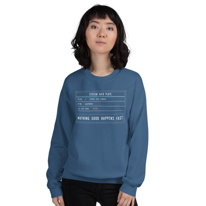 Nothing Good Happens Fast reef system data plate saltwater aquarium crewneck sweatshirt — Indigo Blue, on model