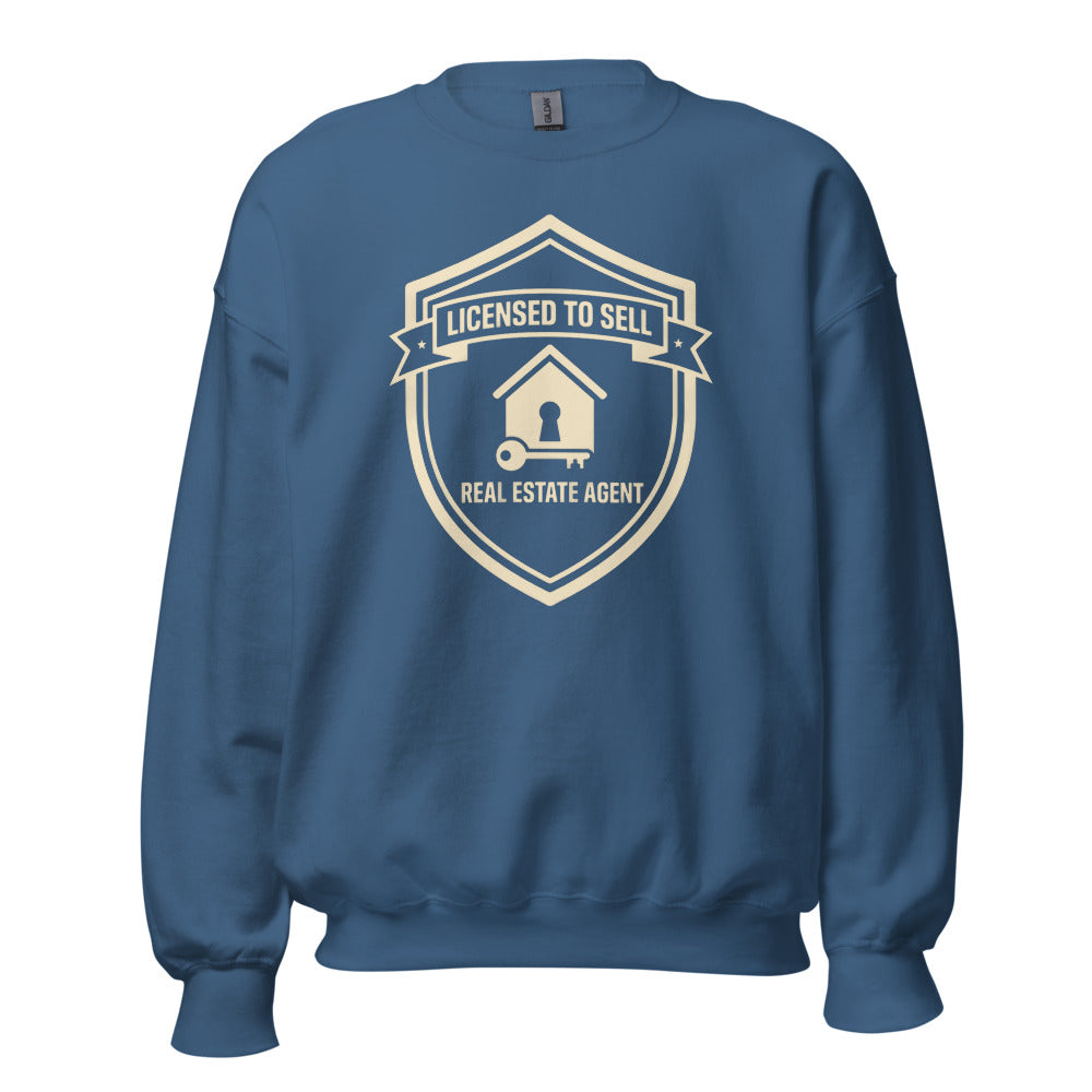 Licensed to Sell real estate agent crewneck sweatshirt — Indigo Blue, front