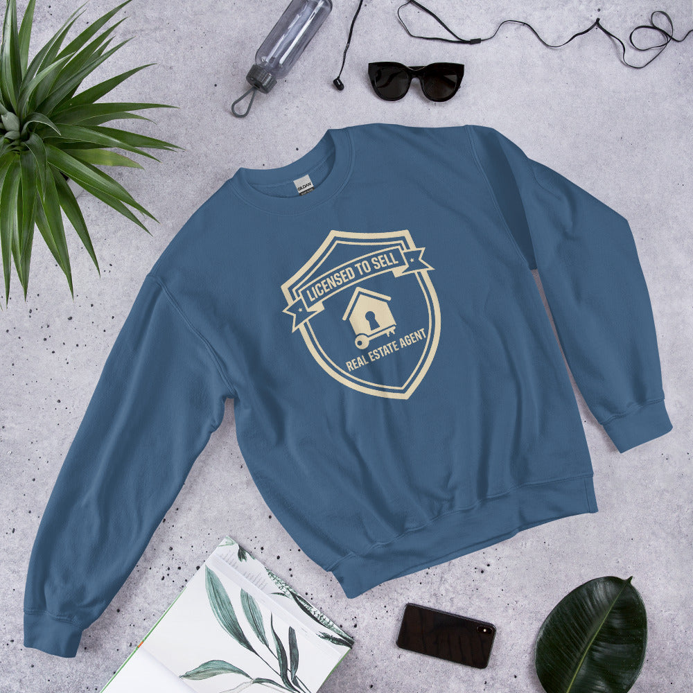 Licensed to Sell real estate agent crewneck sweatshirt — Indigo Blue, flat lay