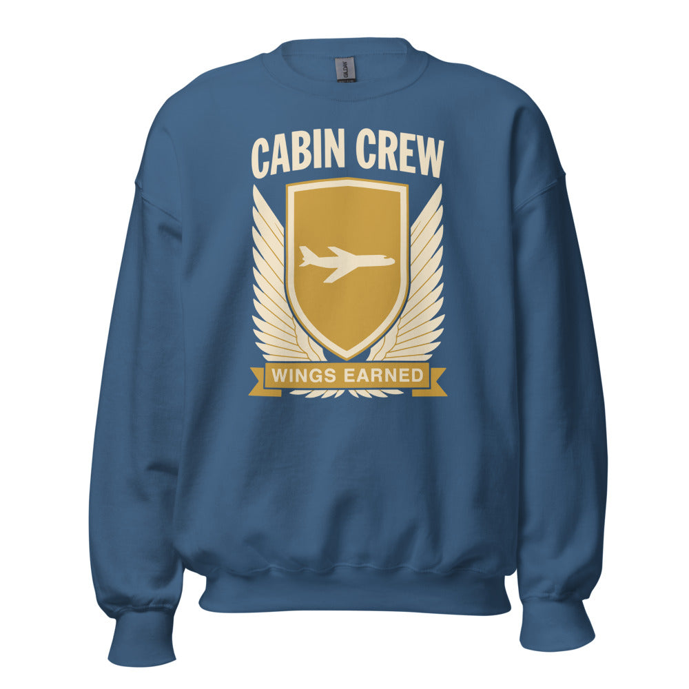 Wings Earned flight attendant crewneck sweatshirt — Indigo Blue, front