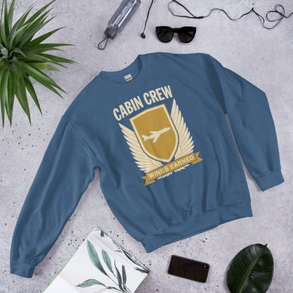 Wings Earned flight attendant crewneck sweatshirt — Indigo Blue, flat lay