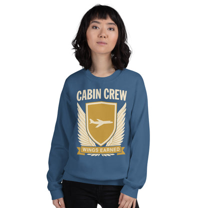 Wings Earned flight attendant crewneck sweatshirt — Indigo Blue, on model