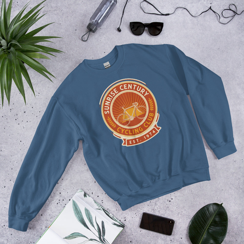 Sunrise Century C.C. retro cycling club badge crewneck — Indigo Blue, flat lay