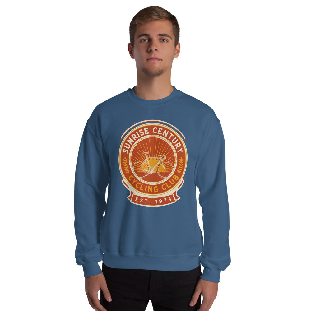 Sunrise Century C.C. retro cycling club badge crewneck — Indigo Blue, on model