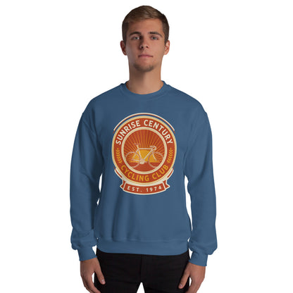 Sunrise Century C.C. retro cycling club badge crewneck — Indigo Blue, on model