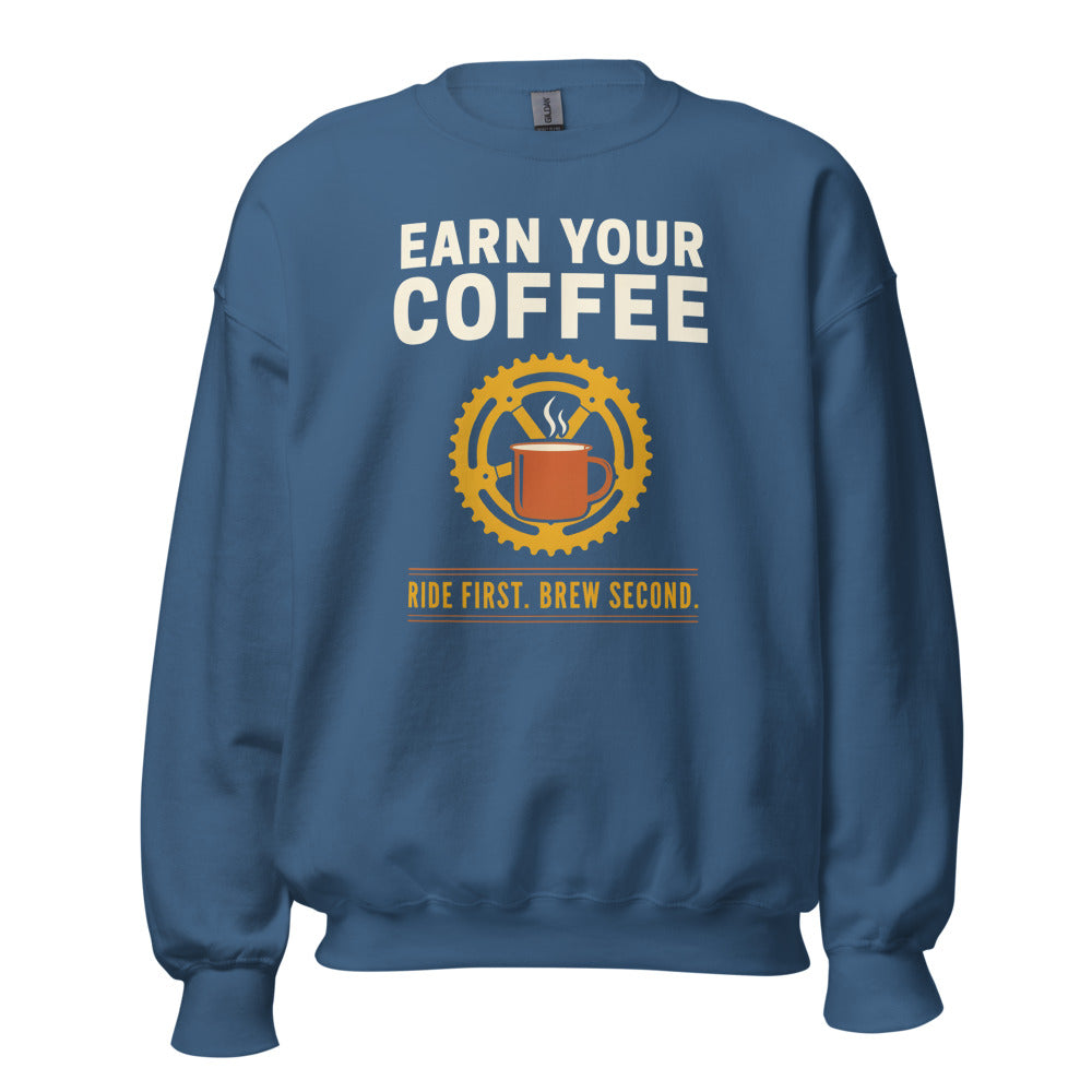 Earn Your Coffee retro cycling coffee crewneck — Indigo Blue, front