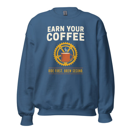 Earn Your Coffee retro cycling coffee crewneck — Indigo Blue, front