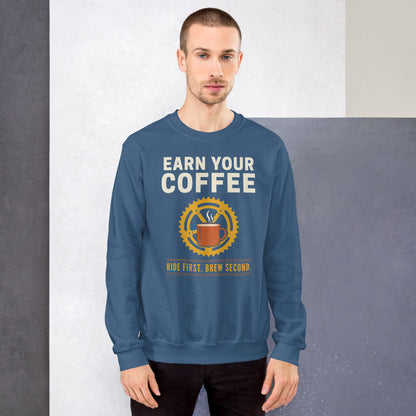 Earn Your Coffee retro cycling coffee crewneck — Indigo Blue, on model