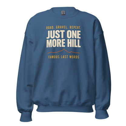 Just One More Hill retro cycling climb crewneck — Indigo Blue, front