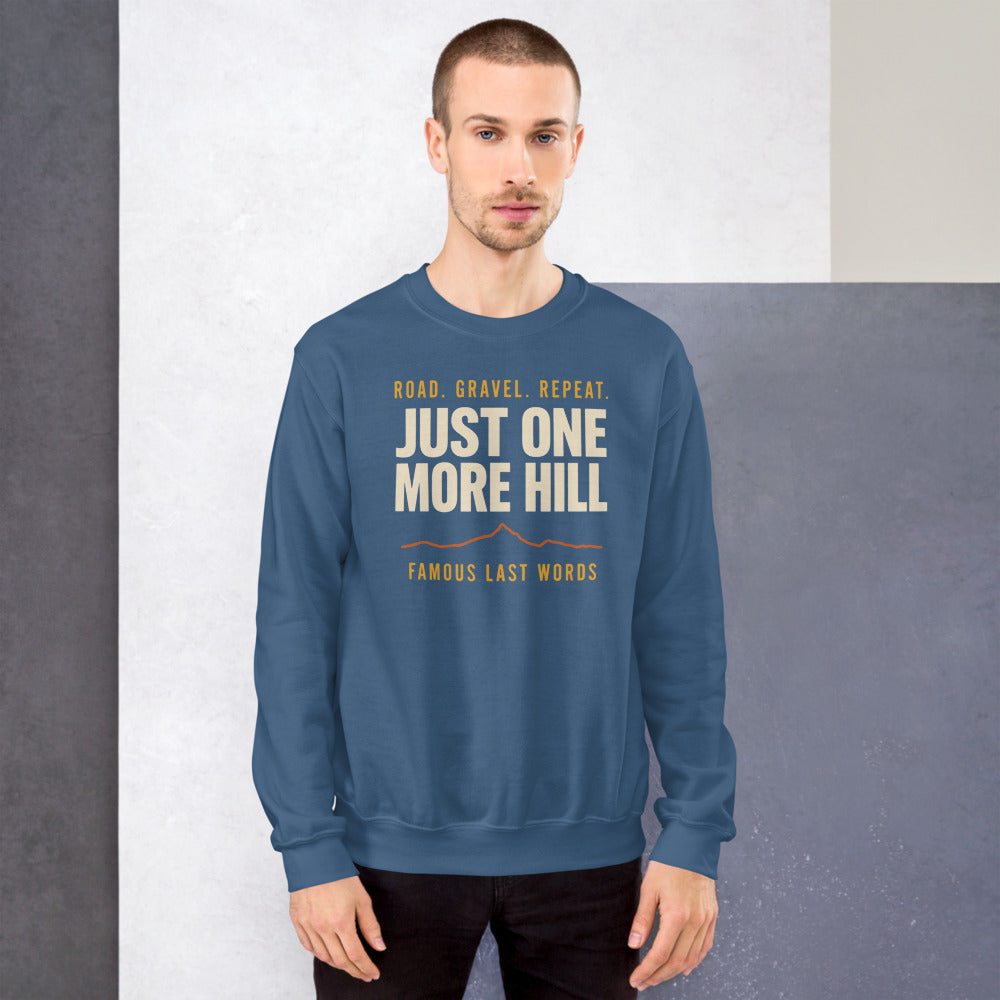 Just One More Hill retro cycling climb crewneck — Indigo Blue, on model