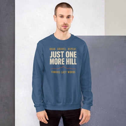 Just One More Hill retro cycling climb crewneck — Indigo Blue, on model