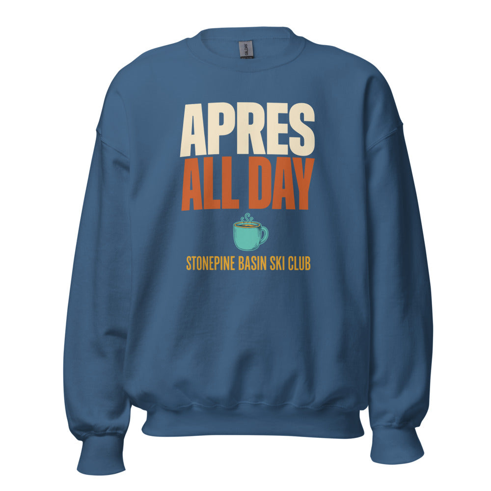 Après All Day Stonepine Basin Ski Club retro apres-ski crewneck sweatshirt — Indigo Blue, front